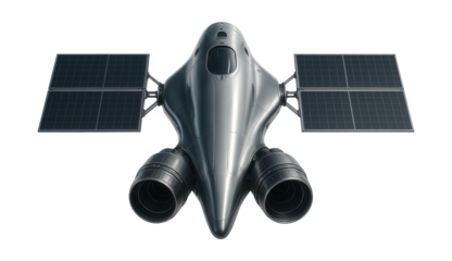 Streamlined space tug featuring dual thrusters and compact solar arrays.