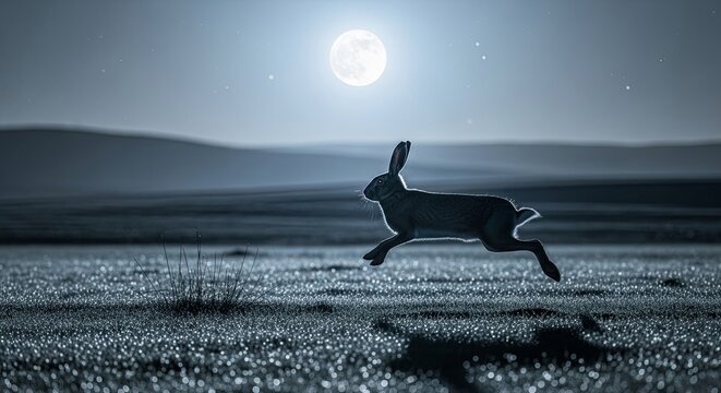 Hare running across a field under a full moon at night.