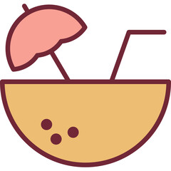 Flat Design Coconut Drink with Umbrella and Straw in Beige and Red Hues Against a Transparent Background Symbolizing Tropical Refreshment