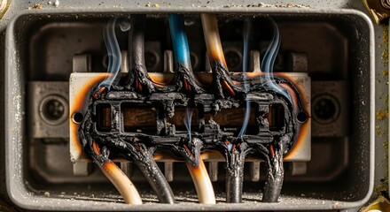 Fire hazard awareness concept highlighting burnt electrical wiring and melting plastic connection for safety and risk management design
