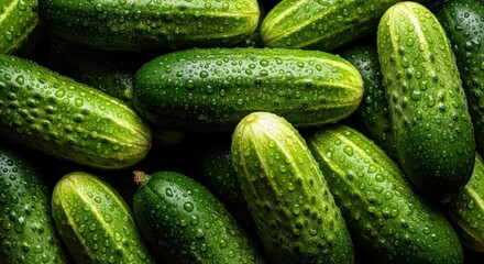 Fresh cucumbers with water droplets close up