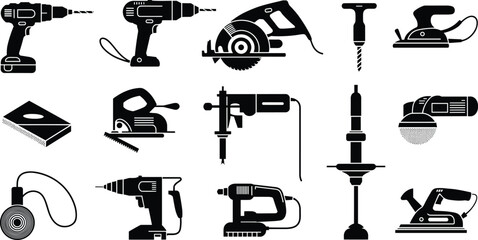 Silhouettes Set of Power Tools, Including Drills, Saws, Grinders, and Sanders, Ideal for Construction, Home Improvement, and Repair