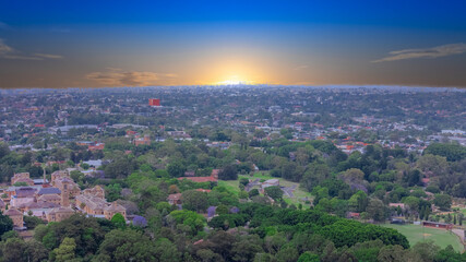 Aerial Panorama Drone view of Parramatta River Sydney Harbour between Balmain Gladesville Birkin Head Point and Roselle on the Bay Run Sydney NSW Australia