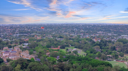 Obraz premium Aerial Panorama Drone view of Parramatta River Sydney Harbour between Balmain Gladesville Birkin Head Point and Roselle on the Bay Run Sydney NSW Australia