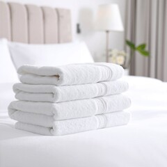 A neatly arranged stack of colorful towels sits atop a neatly made bed, featuring a soft, inviting duvet and decorative pillows in a cozy bedroom setting.