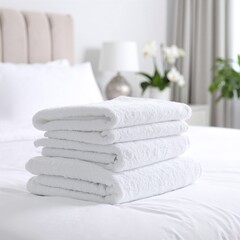 A neatly arranged stack of fluffy, colorful towels sits atop a neatly made bed, showcasing soft textures and inviting hues in a cozy bedroom setting.