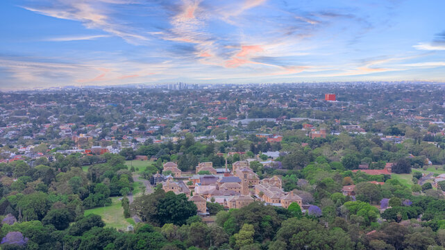 Aerial Panorama Drone view of Parramatta River Sydney Harbour between Balmain Gladesville Birkin Head Point and Roselle on the Bay Run Sydney NSW Australia