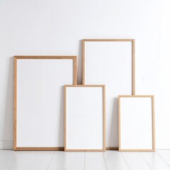 A neatly arranged stack of rustic wooden frames leaning against a textured wall, showcasing various sizes and natural wood tones, creating an artistic vibe.