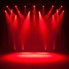 A vibrant stage illuminated by striking red lights and dynamic spotlights, creating an electrifying atmosphere perfect for live performances and events.