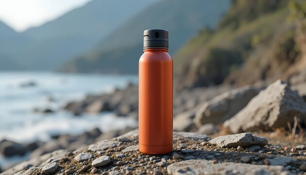 Stay hydrated on your adventures with this stylish orange water bottle offering a refreshing drink during an outdoor workout or hike near the serene ocean