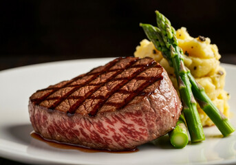 Close-up of a perfectly grilled fillet steak with distinct grill marks, served alongside mashed potatoes and fresh, steamed asparagus spears on a white restaurant plate.