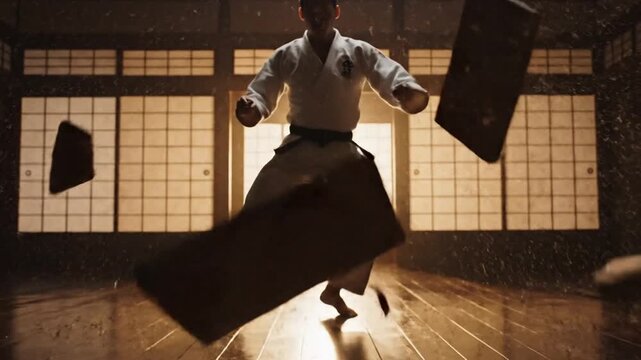 Martial artist in gi performs powerful breaking technique with flying wood in a traditional dojo