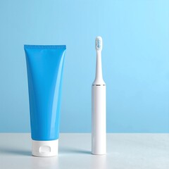 A vibrant blue toothbrush with soft bristles rests beside a white toothpaste tube, both positioned on a clean bathroom countertop, ready for use.