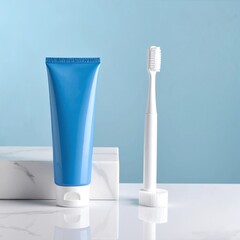 A vibrant blue toothbrush with soft bristles rests beside a white tube of toothpaste on a sleek bathroom counter, reflecting morning light.