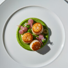 Overhead shot of three perfectly seared scallops arranged on a vibrant green pea puree or sauce, garnished with pickled pink onions and tiny edible flowers.
