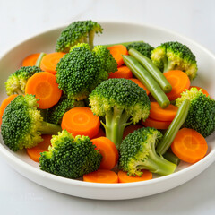 A close-up of a white bowl filled with freshly prepared vegetables: vibrant green broccoli florets, sliced orange carrots, and green beans.