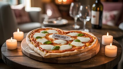 A Heart Shaped Pizza Adorned with Fresh Mozzarella and Basil Perfect for a Romantic Dinner Celebration Occasion with Candles and Wine Suggesting Love and Affection
