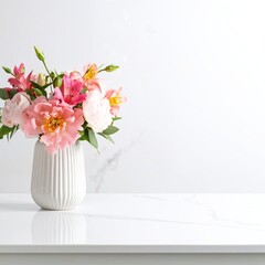 A vibrant vase filled with a colorful assortment of fresh flowers, including roses and daisies, sits elegantly atop a pristine white table.