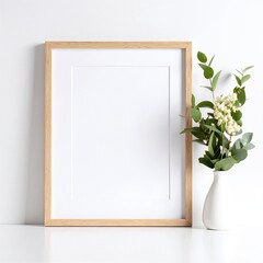 A charming vase filled with vibrant, blooming flowers sits elegantly on a wooden table beside an empty, ornate picture frame, inviting creativity.
