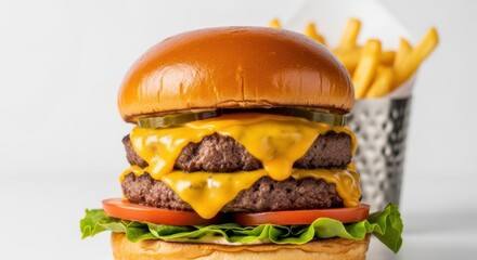 Double Cheeseburger Stacked High with Melted Cheese, Tomato, and Fries in Background, Gourmet Fast Food Close-up