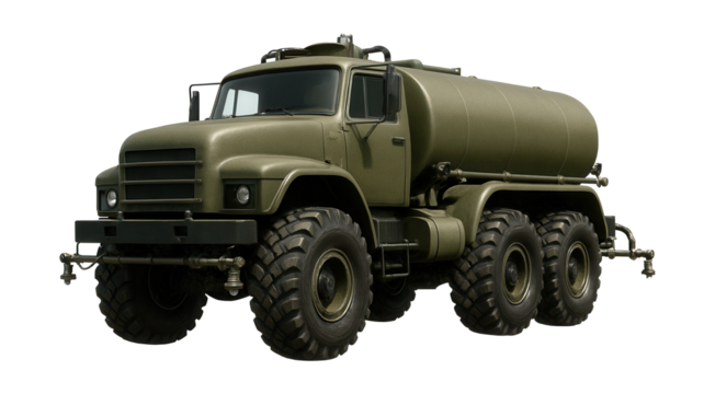 Off-road water tanker with large tires and side sprayers for all terrains.