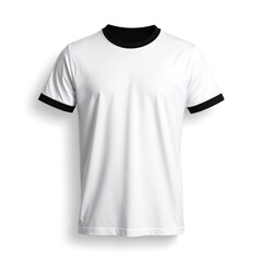 A stylish white and black t-shirt hangs gracefully on a wooden hanger, showcasing its modern design and contrasting colors against a soft backdrop.