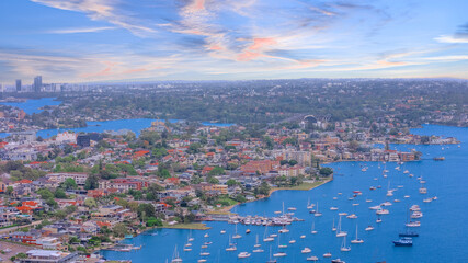 Aerial Panorama Drone view of Parramatta River Sydney Harbour between Balmain Gladesville Birkin Head Point and Roselle on the Bay Run Sydney NSW Australia