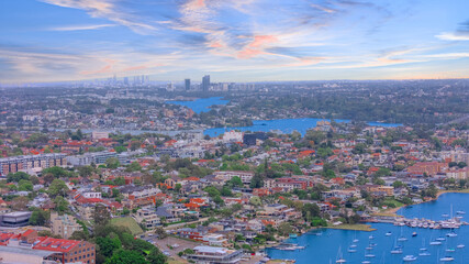 Fototapeta premium Aerial Panorama Drone view of Parramatta River Sydney Harbour between Balmain Gladesville Birkin Head Point and Roselle on the Bay Run Sydney NSW Australia