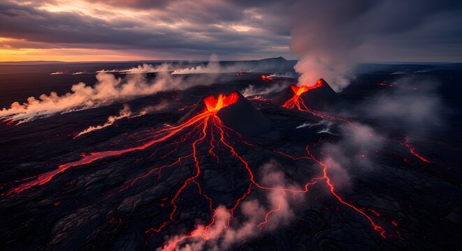 Majestic volcanic eruption at sunset with molten lava flowing and dramatic skies, perfect for nature and geology themes