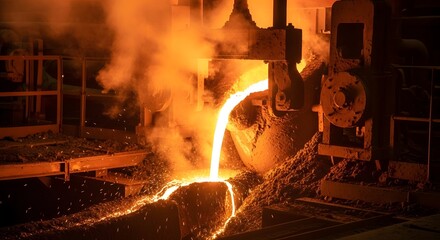 Molten metal pouring in industrial foundry environment highlighting metallurgical processes and heat