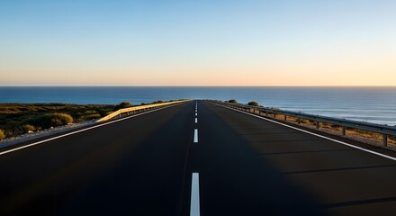 Coastal road journey at sunset with ocean horizon for travel inspiration and adventure theme