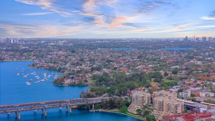 Fototapeta premium Aerial Panorama Drone view of Parramatta River Sydney Harbour between Balmain Gladesville Birkin Head Point and Roselle on the Bay Run Sydney NSW Australia