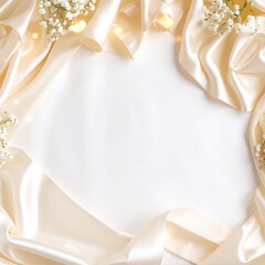 A clean white background adorned with a vibrant arrangement of colorful flowers intertwined with delicate ribbons, creating a fresh and cheerful atmosphere.