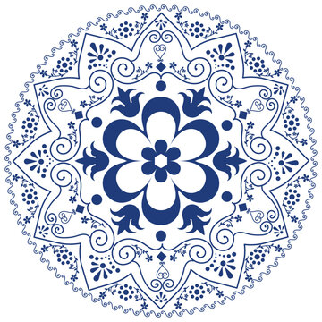 Circular Talavera Pattern with Floral Motifs. Traditional Blue and White Design for Ceramics, Tiles, and Home Decor.