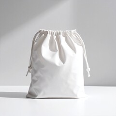 A stylish white bag rests elegantly on a wooden table, showcasing its sleek design and subtle texture, with soft natural light illuminating its features.