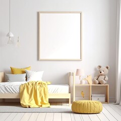 A bright white bedroom featuring cheerful yellow accents, complemented by elegant wooden furniture, creating a warm and inviting atmosphere.