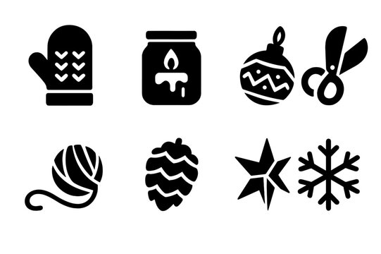 Winter Craft Icon Set. Winter crafts. Filled icon set of winter crafts: knitted mitten, candle jar, handmade