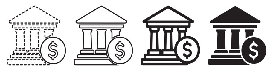 Four bank icons showing a progression from outline to solid fill, each with a dollar sign.