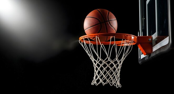 Dynamic basketball scoring moment with hoop and ball highlighted against dark background