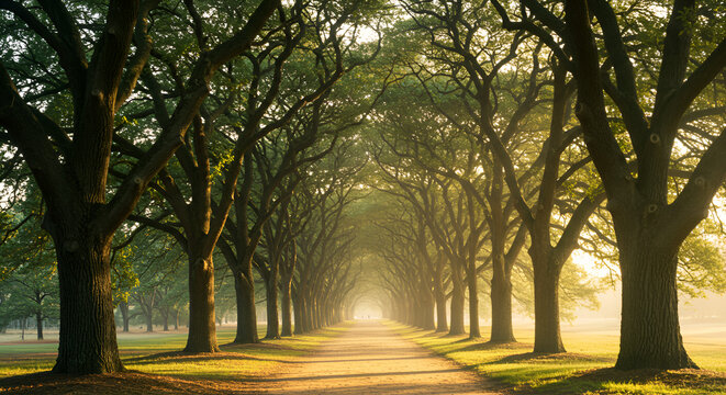 Sunlit Tree-Lined Tunnel Road in Morning Light, Magical Forest Path with Green Archway, Scenic Road Trip through a Lush Tree Canopy, Beautiful Nature Path with Sunbeams, Dramatic Tree Alley with Warm 