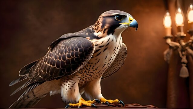Falcon sitting on top of a table in an outdoor setting creating a simple scene that contrasts natural wildlife behavior with a human environment while capturing a calm and curious moment