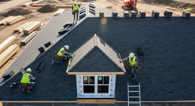 Construction team installing roof shingles on residential house for new building project