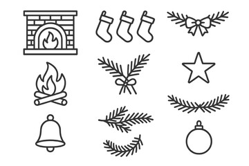 Fototapeta premium Winter Fireplace Icons. Winter Fireplace Scene. Line outline icon set of Winter Fireplace Scene: fireplace,