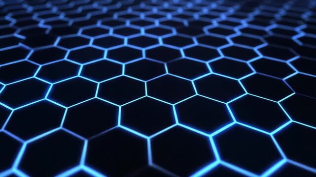 Neon Honeycomb Pattern: An eye-catching close-up shot of a glowing blue honeycomb pattern, it is a perfect representation of digital abstraction, technological advancement, and structural design.