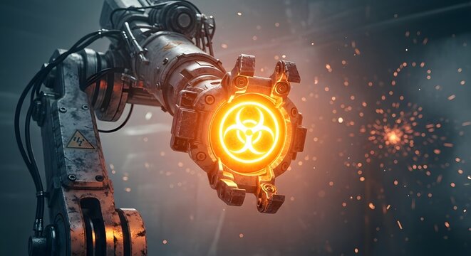 Industrial robotic arm with glowing biohazard symbol for technology and safety concepts - Powered by Adobe