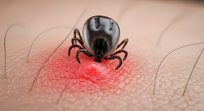 Close-up view of a tick on human skin highlighting parasitic interaction and health risks