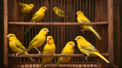 Canary birds sitting together inside a cage with metal bars, surrounded by soft indoor lighting, forming a quiet enclosed scene that highlights the small animals resting closely