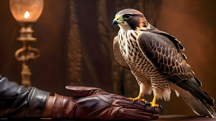 Falcon standing on a glove with textured material beneath its feet, creating a controlled setting often associated with training or handling, highlighting the animal’s posture and detailed feathers