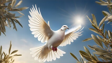 White dove flying across the sky with wings spread wide, illuminated by natural light that highlights the feathers as the bird moves gracefully through open air in a peaceful atmospheric scene