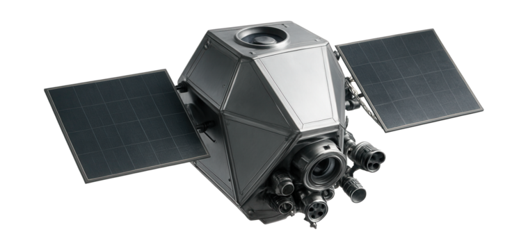 Trapezoidal weather satellite equipped with angular sensors for data collection.